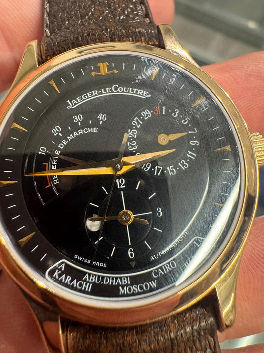 JLC - Master Control World Timer - 38 MM - Rose Gold - Black Dial - Brown Lather Strap - 142.2.92.S