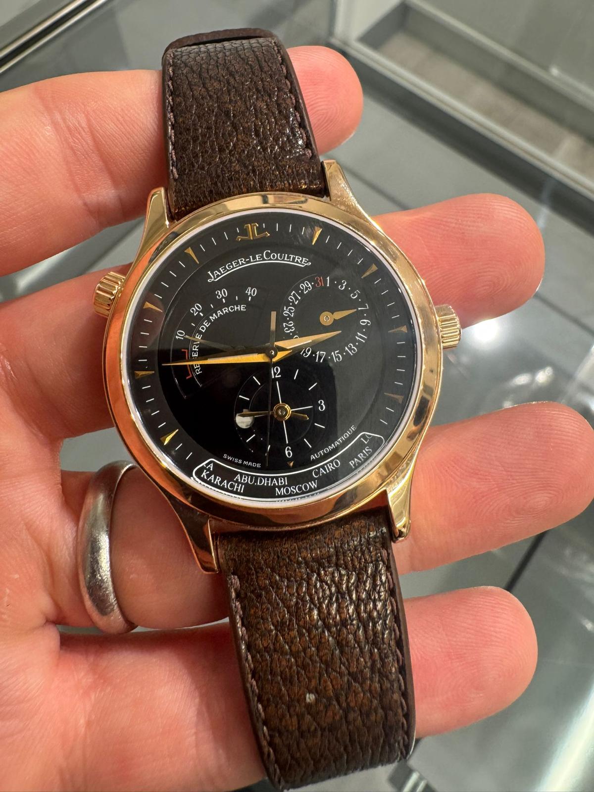 JLC - Master Control World Timer - 38 MM - Rose Gold - Black Dial - Brown Lather Strap - 142.2.92.S