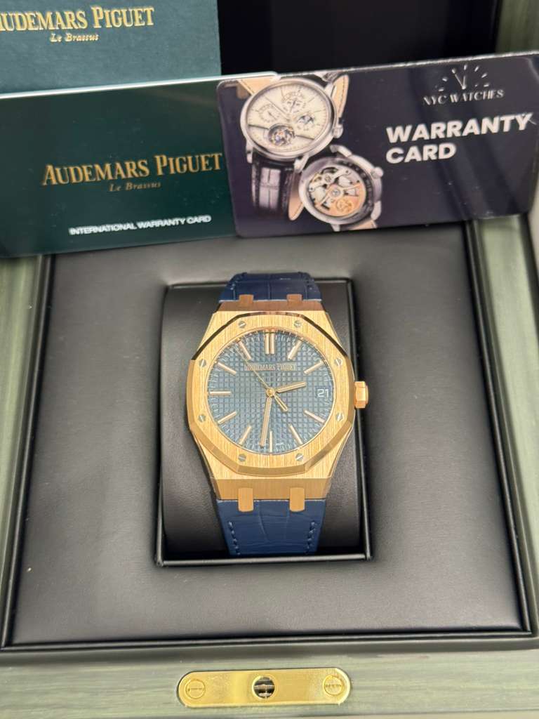 Audemars Piguet Royal Oak Pink Gold Selfwinding 41 MM - Blue Leather Strap - Bleu Nuit Dial - 15510OR.OO.D315CR.01