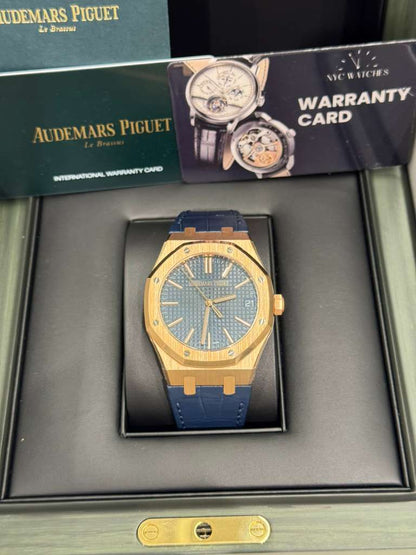 Audemars Piguet Royal Oak Pink Gold Selfwinding 41 MM - Blue Leather Strap - Bleu Nuit Dial - 15510OR.OO.D315CR.01