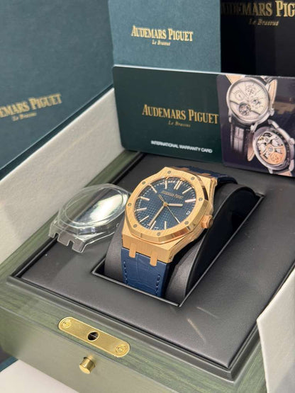 Audemars Piguet Royal Oak Pink Gold Selfwinding 41 MM - Blue Leather Strap - Bleu Nuit Dial - 15510OR.OO.D315CR.01
