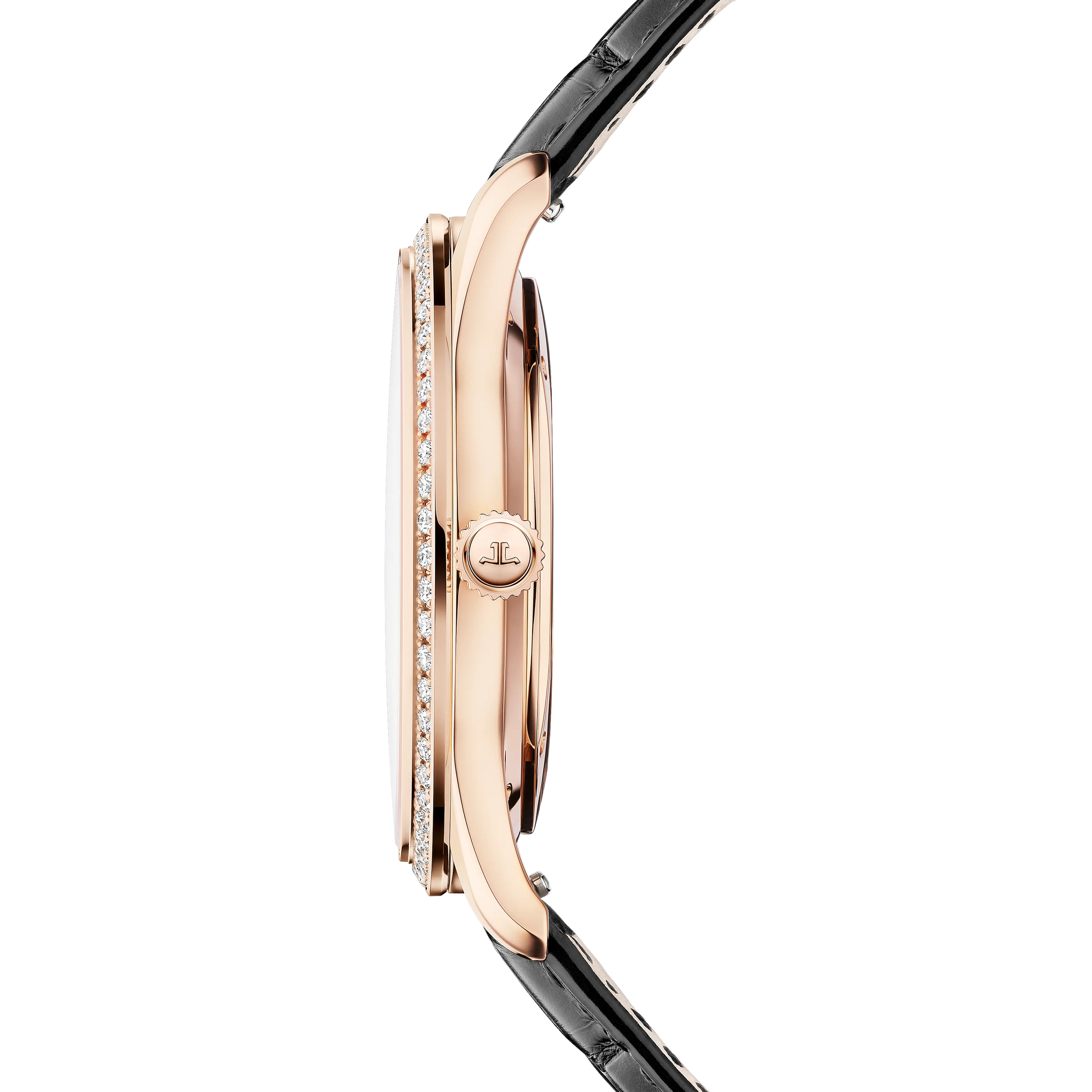 JLC - Master Ultra Thin Perpetual Calendar - 39 MM - Pink Gold - Eggshell Beige Dial - Diamond Bezel - Black Leather Strap - Q1142501