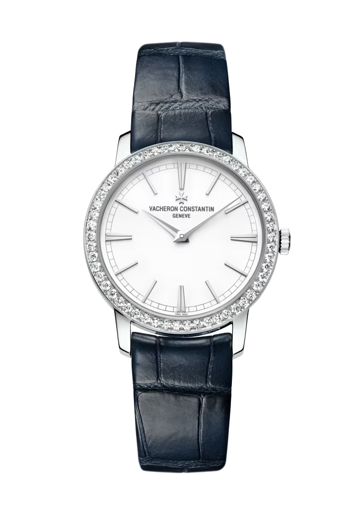 Vacheron Constantin Traditionnelle White Gold 33 MM - Blue Leather Strap - Diamond Bezel - White Dial - 81590/000G-9848