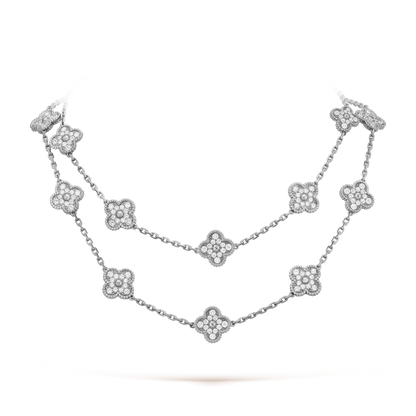 Van Cleef & Arpels Vintage Alhambra Long Necklace - 18k White Gold - Diamond - 20 Motifs - VCARA43300
