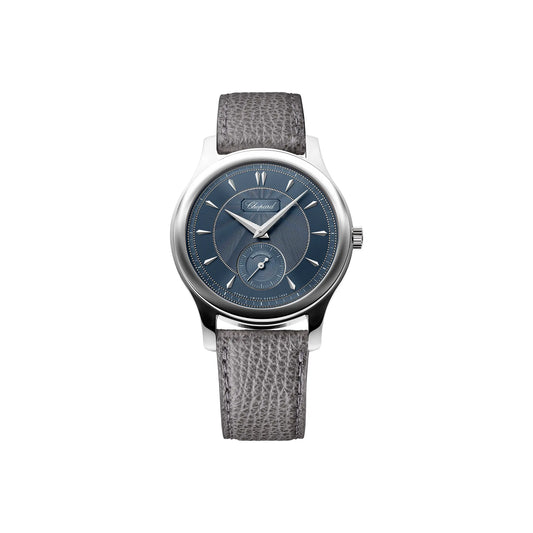Chopard L.U.C 1860 - Stainless Steel - 36.5 MM - Gray Calfskin Strap - Hand-Guilloché "Areuse Blue" Dial - 168860-3005