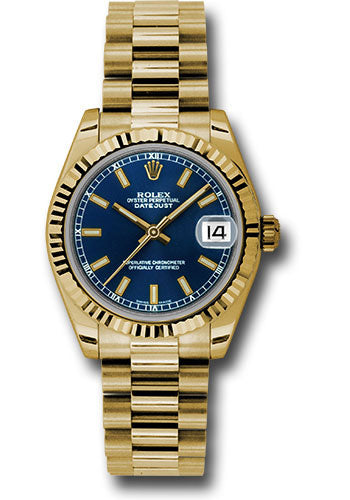 Rolex Yellow Gold Datejust - 31 MM - President Bracelet - Fluted Bezel - Blue Index Dial - 178278 blip