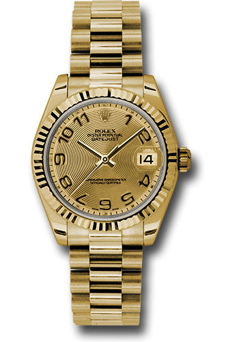 Rolex Yellow Gold Datejust - 31 MM - President Bracelet - Fluted Bezel - Champagne Concentric Circle Arabic Dial - 178278 chcap