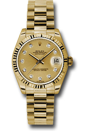 Rolex Yellow Gold Datejust - 31 MM - President Bracelet - Fluted Bezel - Champagne Diamond Dial - 178278 chdp