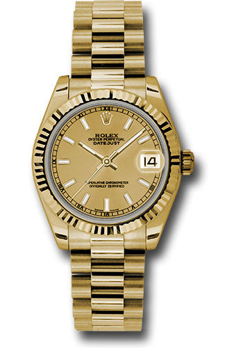 Rolex Yellow Gold Datejust - 31 MM - President Bracelet - Fluted Bezel - Champagne Index Dial - 178278 chip