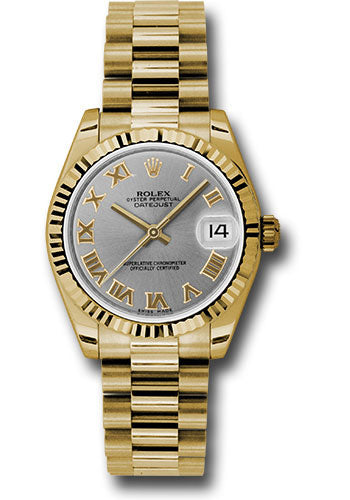 Rolex Yellow Gold Datejust - 31 MM - President Bracelet - Fluted Bezel - Gray Roman Dial - 178278 grp