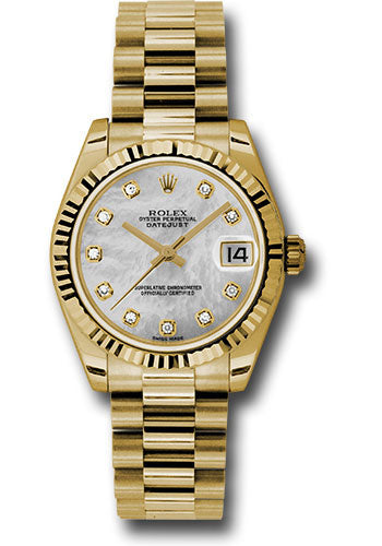 Rolex Yellow Gold Datejust - 31 MM - President Bracelet - Fluted Bezel - Mother-Of-Pearl Diamond Dial - 178278 mdp