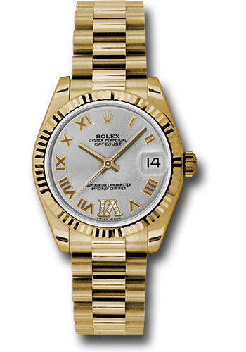 Rolex Yellow Gold Datejust - 31 MM - President Bracelet - Fluted Bezel - Silver Diamond Roman Vi Roman Dial - 178278 sdrp