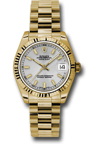 Rolex Yellow Gold Datejust - 31 MM - President Bracelet - Fluted Bezel - Silver Diamond Roman Vi Index Dial - 178278 sip