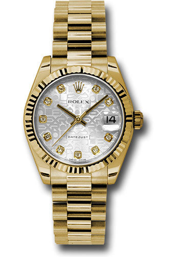 Rolex Yellow Gold Datejust - 31 MM - President Bracelet - Fluted Bezel - Silver Jubilee Diamond Dial - 178278 sjdp