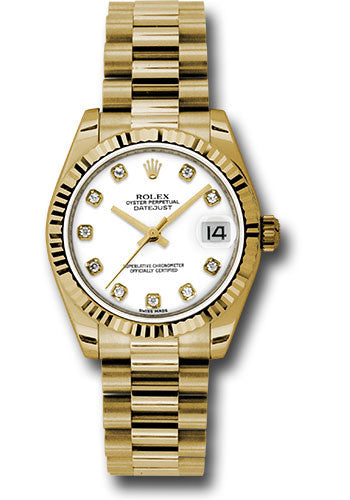 Rolex Yellow Gold Datejust - 31 MM - President Bracelet - Fluted Bezel - White Diamond Dial - 178278 wdp