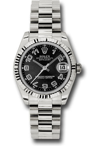 Rolex White Gold Datejust - 31 MM - President Bracelet - Fluted Bezel - Black Concentric Circles Arabic Dial - 178279 bkcap