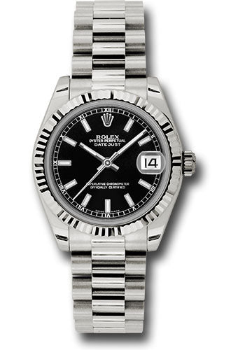 Rolex White Gold Datejust - 31 MM - President Bracelet - Fluted Bezel - Black Index Dial - 178279 bkip