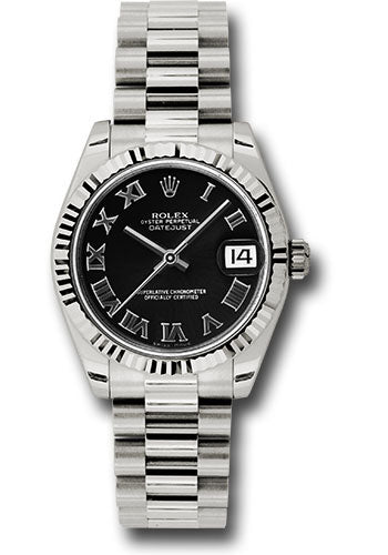 Rolex White Gold Datejust - 31 MM - President Bracelet - Fluted Bezel - Black Roman Dial - 178279 bkrp