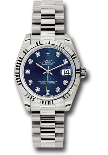 Rolex White Gold Datejust - 31 MM - President Bracelet - Fluted Bezel - Blue Diamond Dial - 178279 bldp