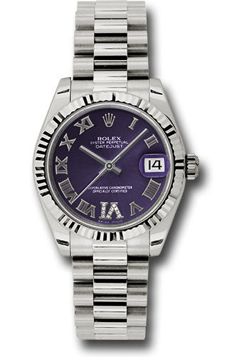 Rolex White Gold Datejust - 31 MM - President Bracelet - Fluted Bezel - Purple Diamond Roman Vi Roman Dial - 178279 pdrp