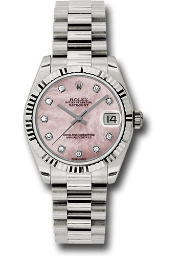 Rolex White Gold Datejust - 31 MM - President Bracelet - Fluted Bezel - Pink Mother-Of-Pearl Diamond Dial - 178279 pmdp