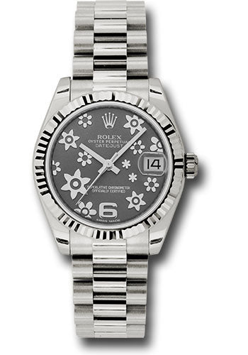 Rolex White Gold Datejust - 31 MM - President Bracelet - Fluted Bezel - Dark Rhodium Floral Motif Dial - 178279 rfp