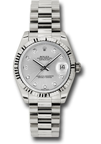 Rolex White Gold Datejust - 31 MM - President Bracelet - Fluted Bezel - Silver Diamond Dial - 178279 sdp