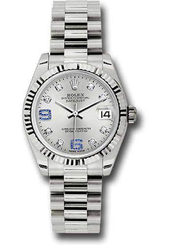 Rolex  White Gold Datejust - 31 MM - President Bracelet - Fluted Bezel - Silver Diamond Sapphire 6 And 9 Diamond Dial - 178279 sdsap