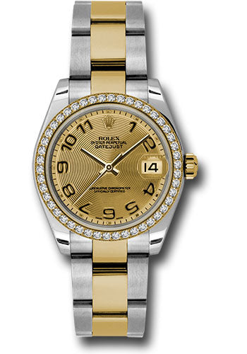 Rolex Steel and Yellow Gold Datejust - 31 MM - Oyster Bracelet - Diamond Bezel - Champagne Concentric Circle Arabic Dial - 178383 chcao