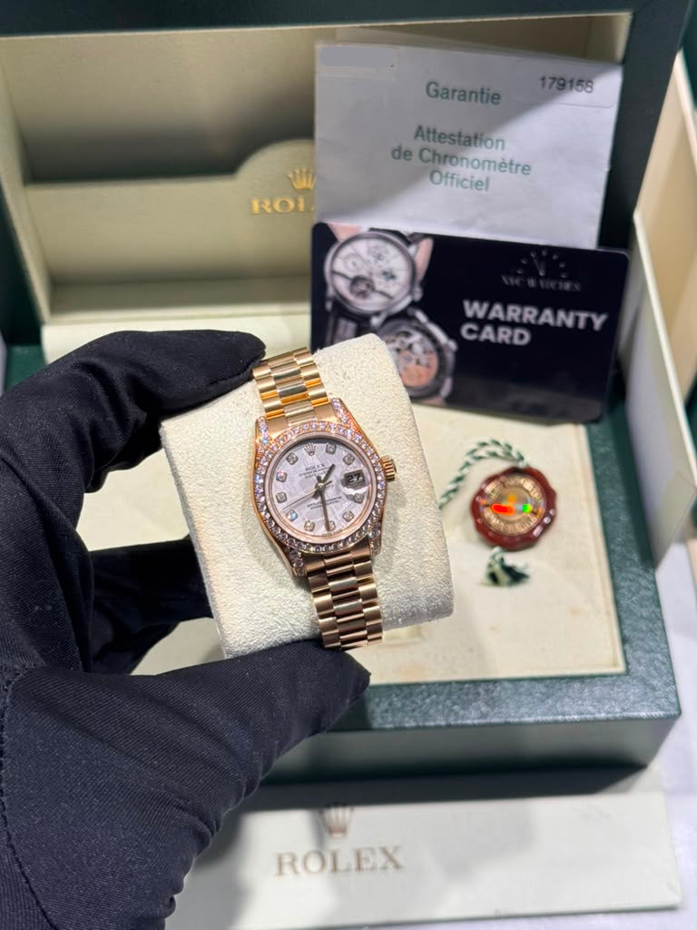 Rolex Lady-Datejust Yellow Gold - 26 MM - President Bracelet - Diamond Bezel - Meteorite Dial - 179158
