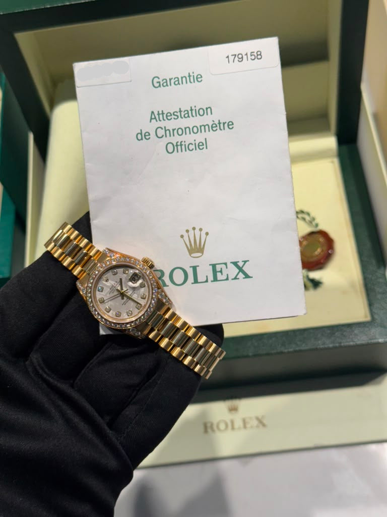 Rolex Lady-Datejust Yellow Gold - 26 MM - President Bracelet - Diamond Bezel - Meteorite Dial - 179158