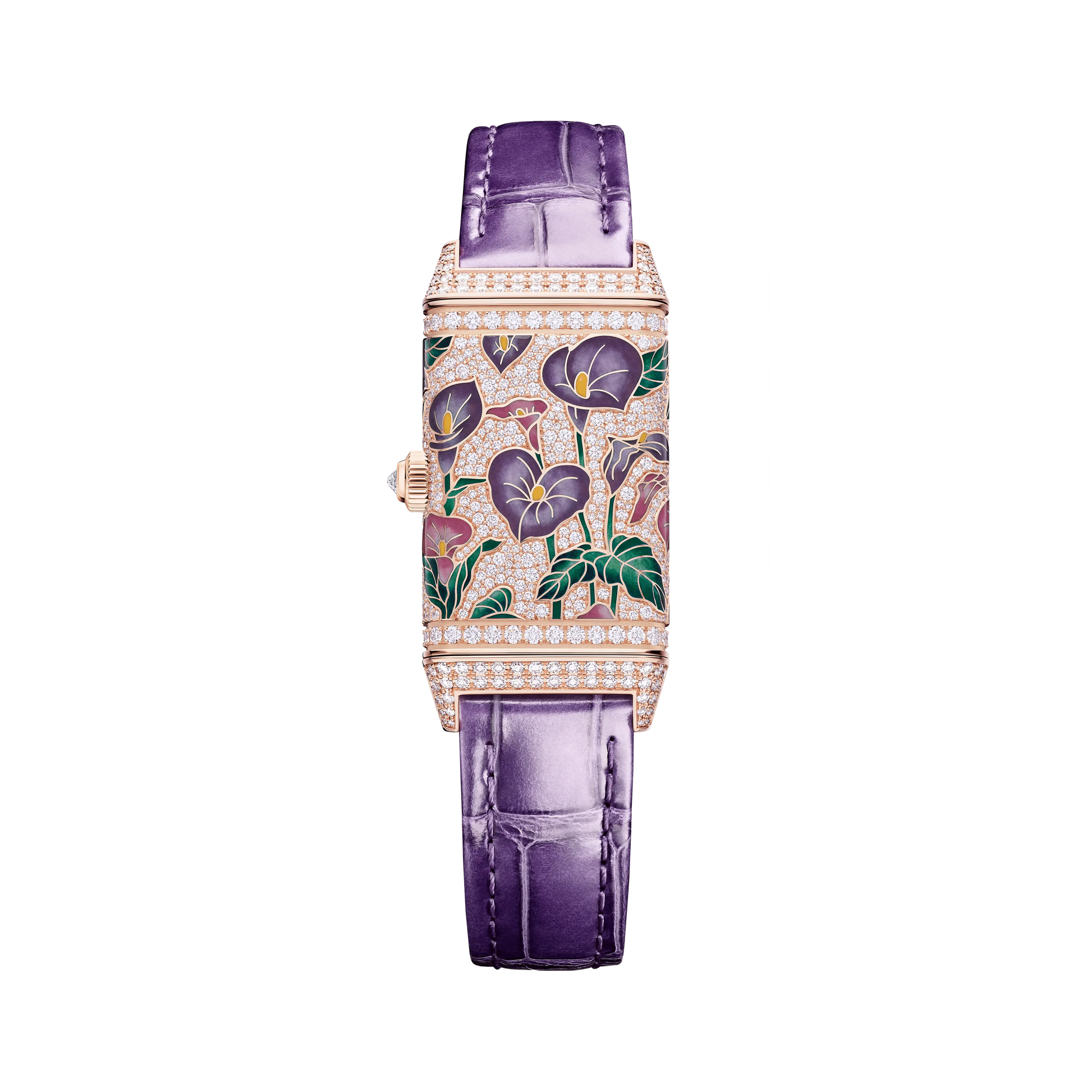 JLC - Reverso One Precious Flowers - Limited Edition - 40 MM x 20 MM - Pink Gold - Mother-Of-Pearl Dial - Diamond-Set Case - Purple Leather Strap - Q3292435