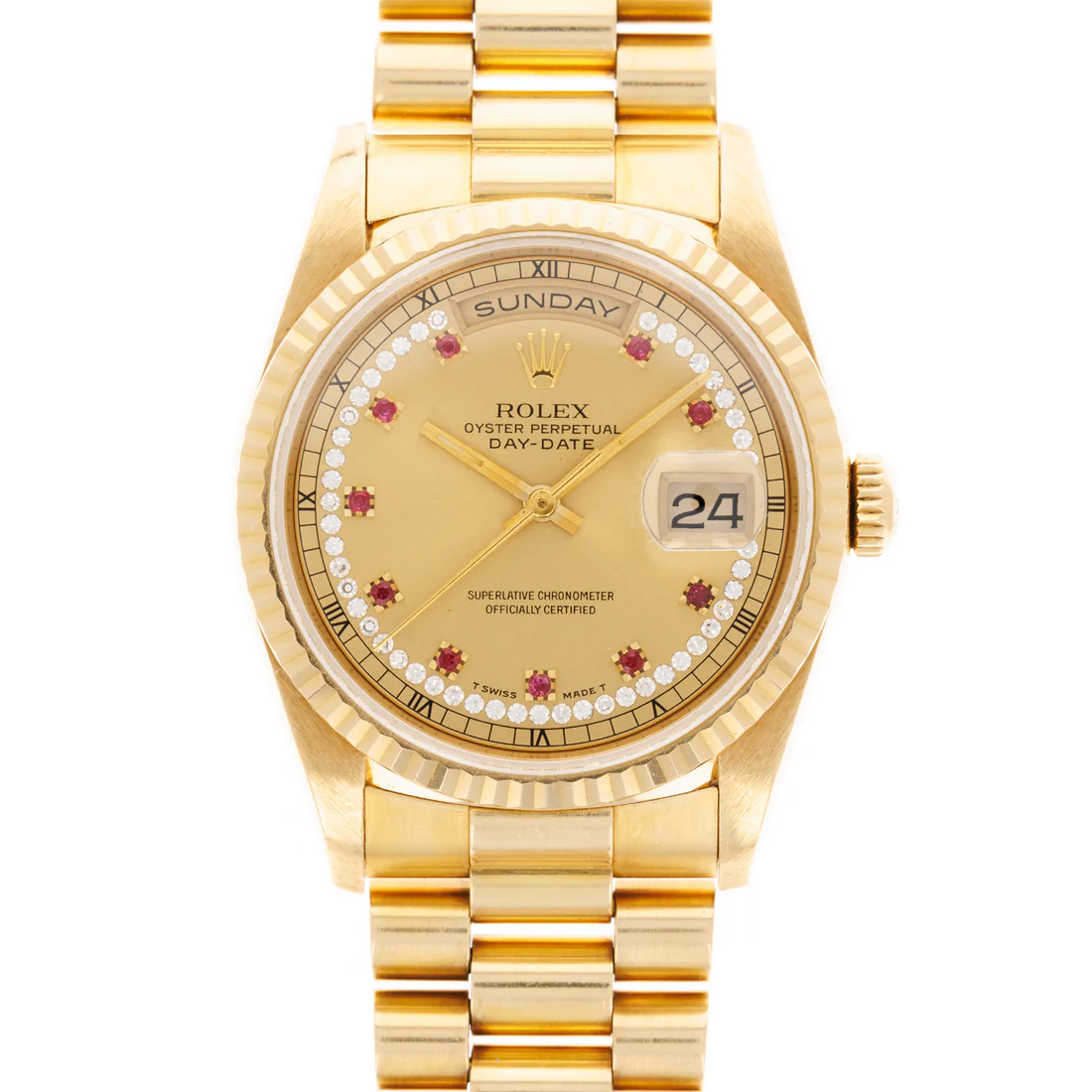 Rolex Day-Date - 36 MM - Yellow Gold - Champagne Ruby Dial - 18238 chr  nyc watcher nyc watches