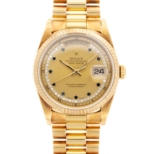 Rolex Day-Date - 36 MM - Yellow Gold - Champagne Sapphire Dial - 18238 chs  nyc watcher nyc watches