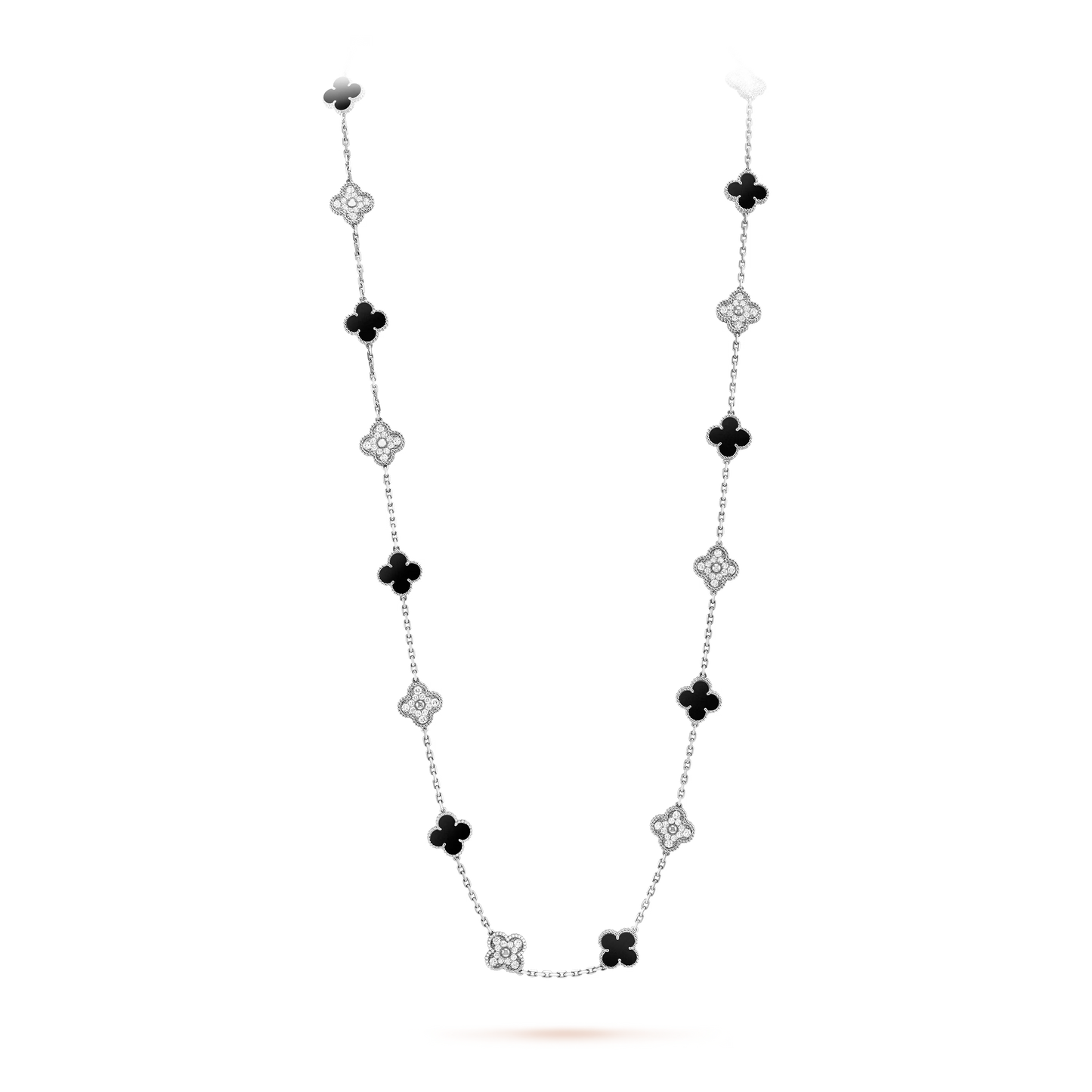 Van Cleef & Arpels Vintage Alhambra Long Necklace - 18k White Gold - Diamond &amp; Onyx - 20 Motifs - Tw. 4ct - VCARP2R800