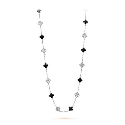 Van Cleef & Arpels Vintage Alhambra Long Necklace - 18k White Gold - Diamond &amp; Onyx - 20 Motifs - Tw. 4ct - VCARP2R800