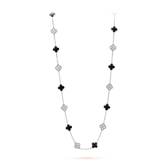 Van Cleef & Arpels Vintage Alhambra Long Necklace - 18k White Gold - Diamond &amp; Onyx - 20 Motifs - Tw. 4ct - VCARP2R800