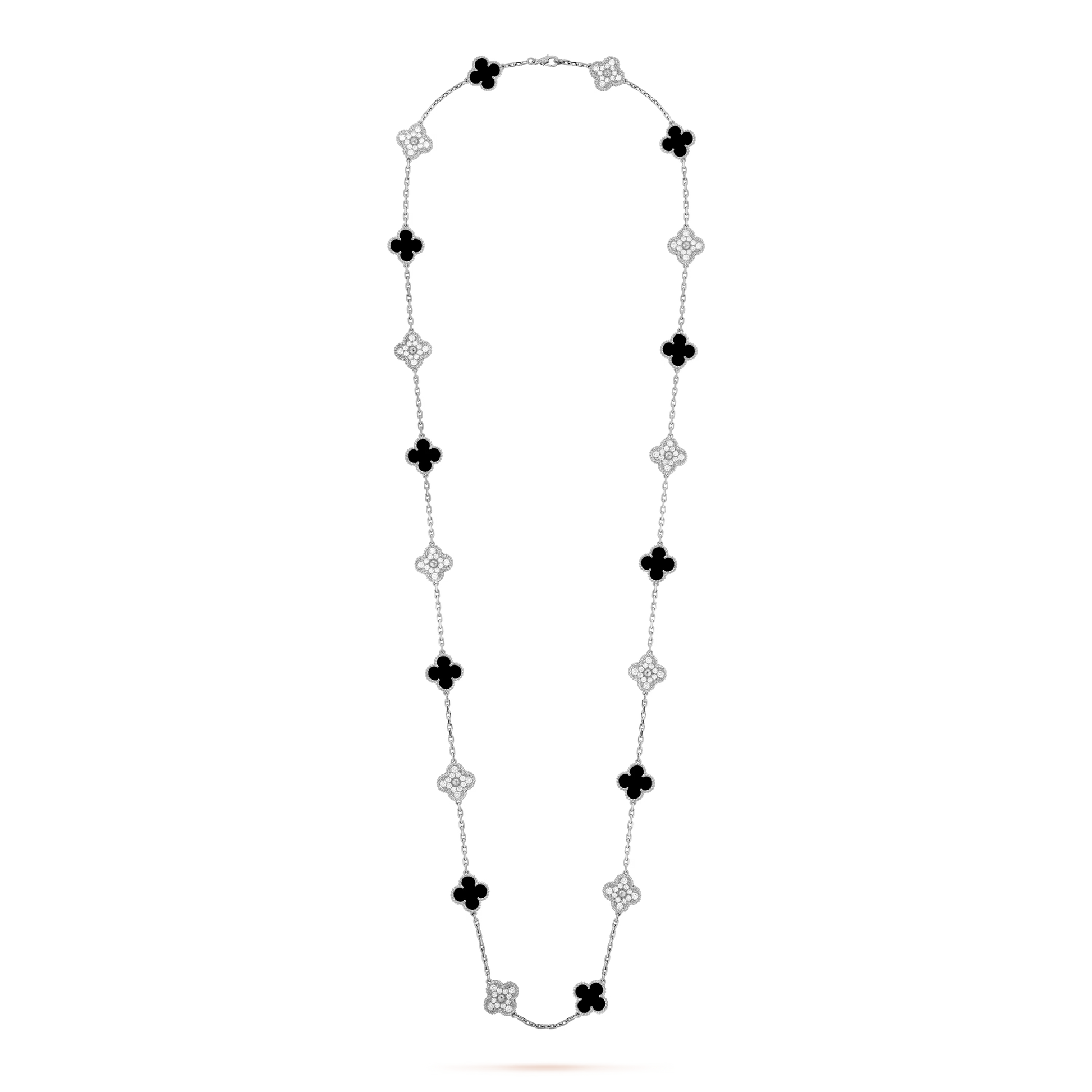 Van Cleef & Arpels Vintage Alhambra Long Necklace - 18k White Gold - Diamond &amp; Onyx - 20 Motifs - Tw. 4ct - VCARP2R800