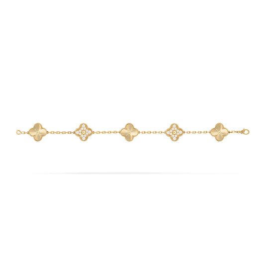 Van Cleef & Arpels Vintage Alhambra Bracelet - 18k Yellow Gold - Diamond - 5 Motifs - Tw. 1 ct - VCARP4KN00