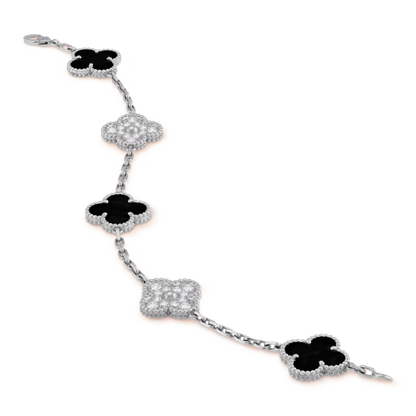 Van Cleef & Arpels Vintage Alhambra Bracelet - 18k White Gold - Diamond &amp; Onyx - 5 Motifs - Tw. 1 ct - VCARP2R900