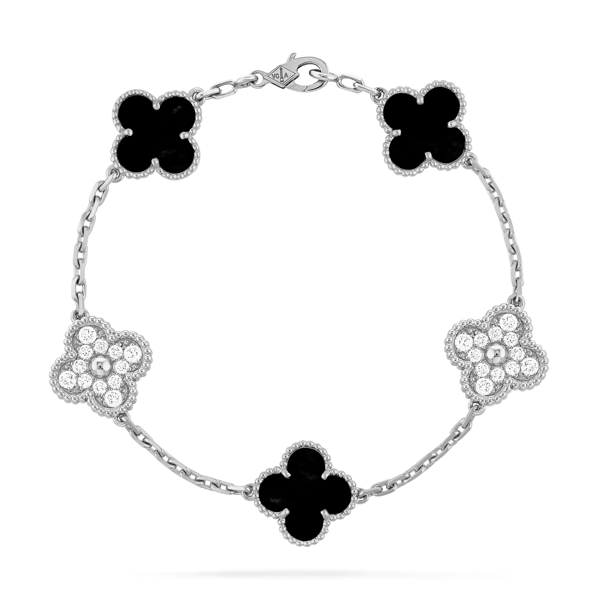 Van Cleef & Arpels Vintage Alhambra Bracelet - 18k White Gold - Diamond &amp; Onyx - 5 Motifs - Tw. 1 ct - VCARP2R900