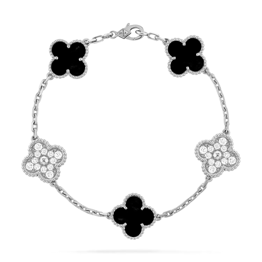 Van Cleef & Arpels Vintage Alhambra Bracelet - 18k White Gold - Diamond &amp; Onyx - 5 Motifs - Tw. 1 ct - VCARP2R900