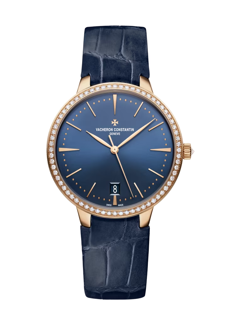 Vacheron Constantin Patrimony Pink Gold 36.5 MM - Blue Leather Strap - Diamond Bezel - Blue Dial - 85515/000R-B644