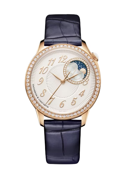 Vacheron Constantin Égérie Rose Gold 37 MM - Black Leather Strap - Diamond Bezel - Mother-of-pearl Dial - 8005F/000R-B498