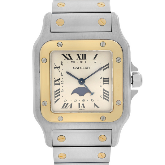 Cartier Santos de Cartier Galbee Moonphase Stainless Steel 29 MM - Stainless Steel Bracelet - Yellow Gold Bezel - White Moophase Dial - 119901