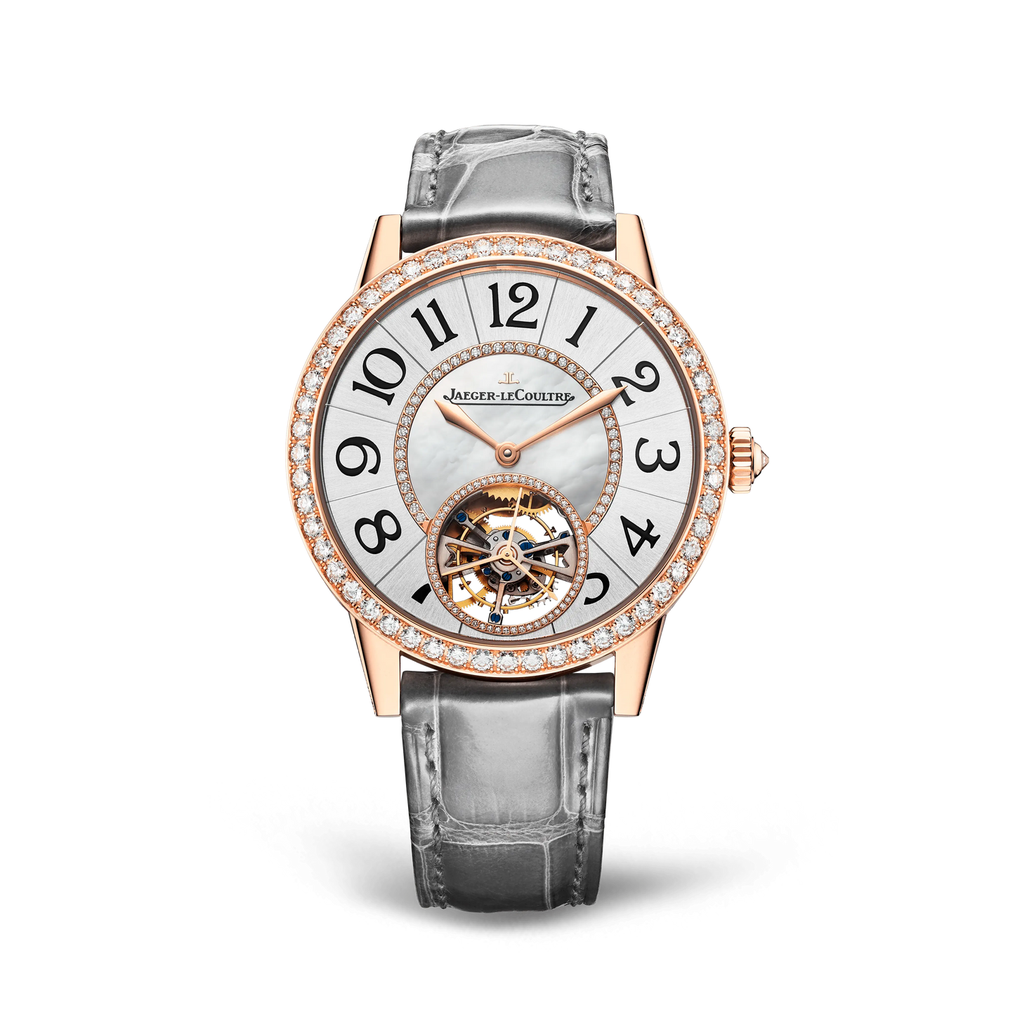 JLC - Rendez-Vous Jewellery Tourbillon - 39 MM - Pink Gold - Mother-Of-Pearl Diamond-Set Dial - Diamond Bezel - Gray Leather Strap - Q3412410