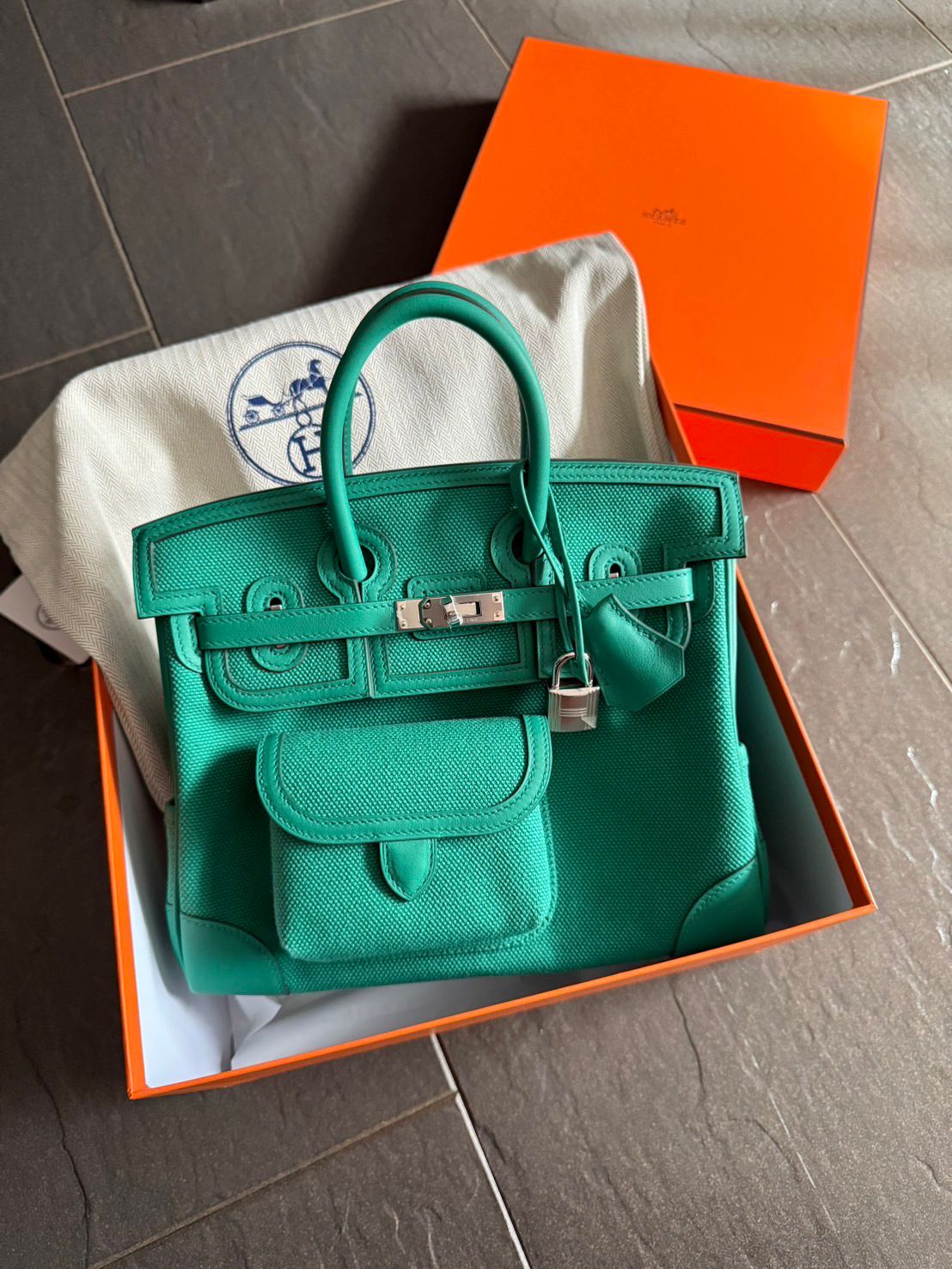 Hermès Cargo Birkin 25 - Vert Vertigo - Canvas & Swift - Palladium Hardware - BC25VVCSPHW