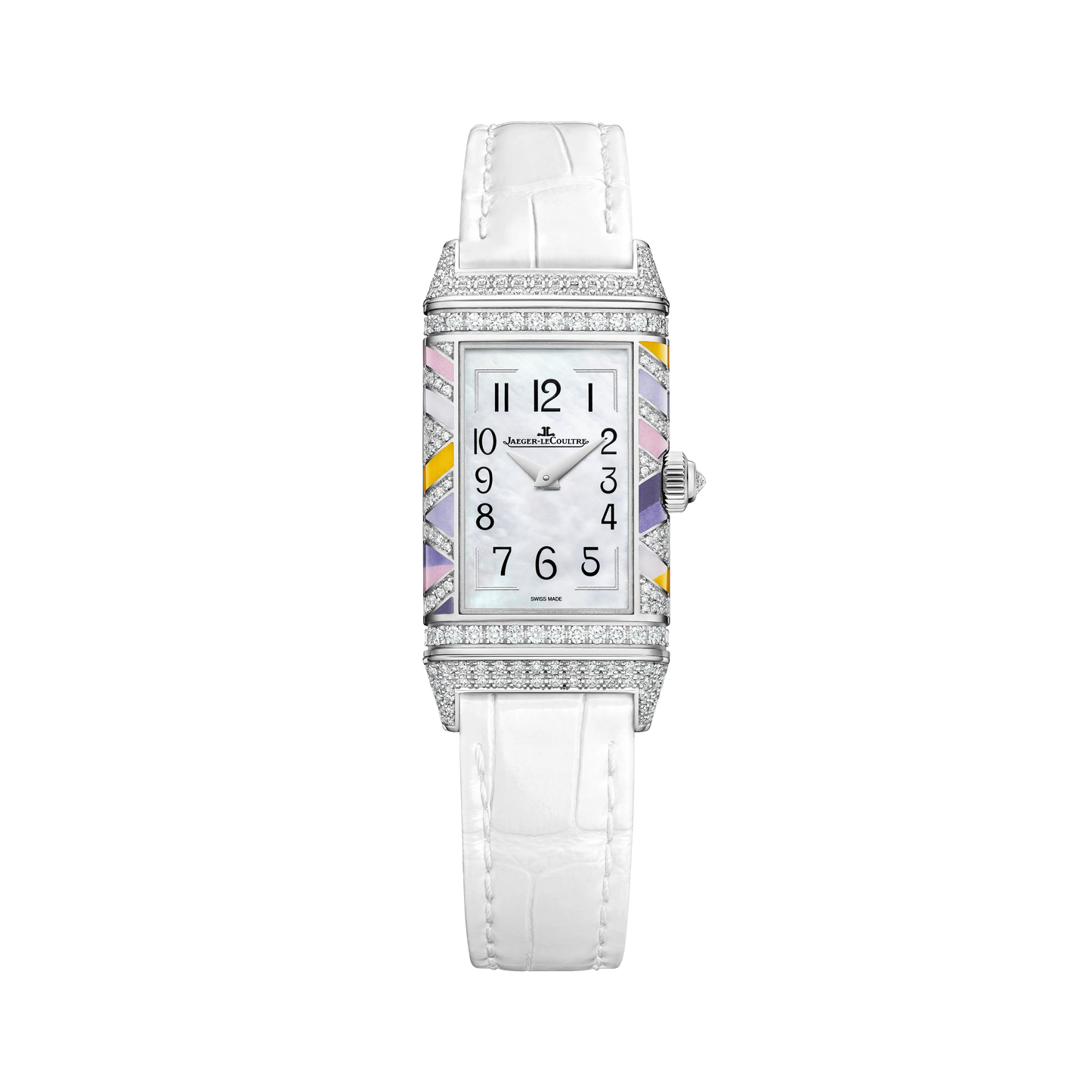 JLC - Reverso One Precious Colours - Limited Edition - 40 MM x 20 MM - White Gold - Mother-Of-Pearl Dial - Diamond-Set Case - White Leather Strap - Q3293433