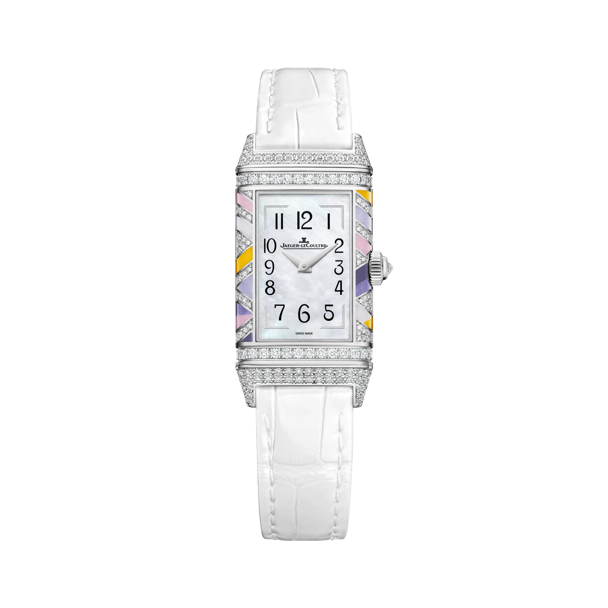 JLC - Reverso One Precious Colours - Limited Edition - 40 MM x 20 MM - White Gold - Mother-Of-Pearl Dial - Diamond-Set Case - White Leather Strap - Q3293433