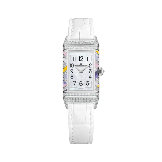 JLC - Reverso One Precious Colours - Limited Edition - 40 MM x 20 MM - White Gold - Mother-Of-Pearl Dial - Diamond-Set Case - White Leather Strap - Q3293433